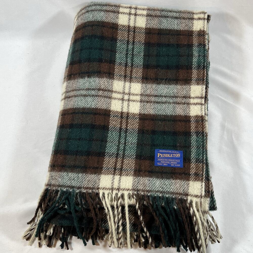 Pendleton Throw Blanket Plaid Brown Green Cream Black Fringe 100% Wool 54” x 73”